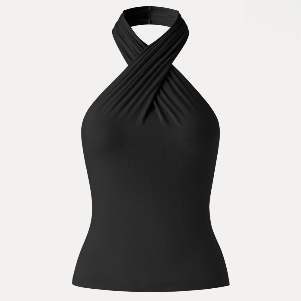 OGL Black Criss Cross Halter Neck Top Built-In Bra Size S Twisted Front Top